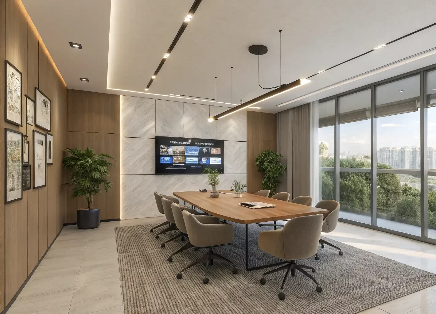 Audio Video setup in a conference room with a larger TV and intergrated Table.