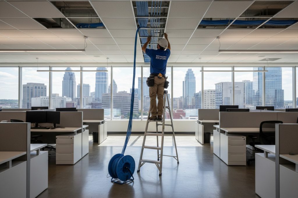 Cat 6 network Data Cabling being installed in an office building in tall building in Charlotte NC by the #1 Rated Data Cabling Contractor in Charlotte.
