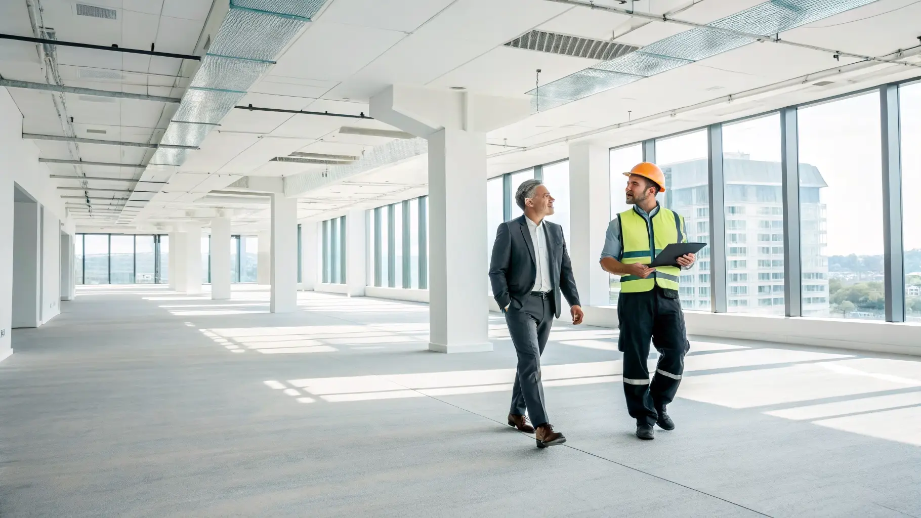 Charlotte Data Solutions walking a new office space with a business owner as we plan the commercial network cabling and Office Technology for his office upfit
