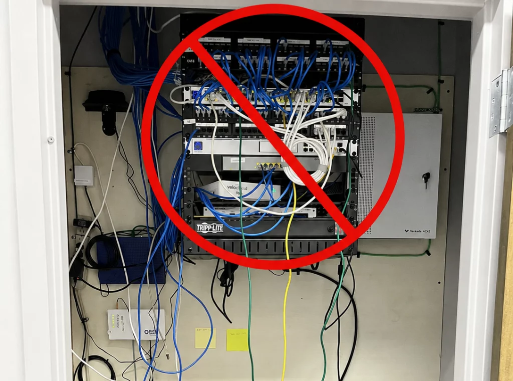 messy installation of a network rack in a closet of a new construction office building in Charlotte NC