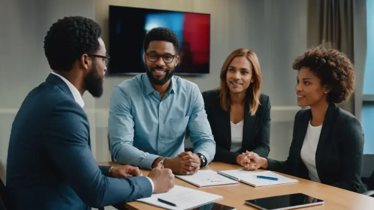 Audio Video Rooms built for real work allows this group of 4 workers to have a conference in this room and easly connect to the integrated technologies